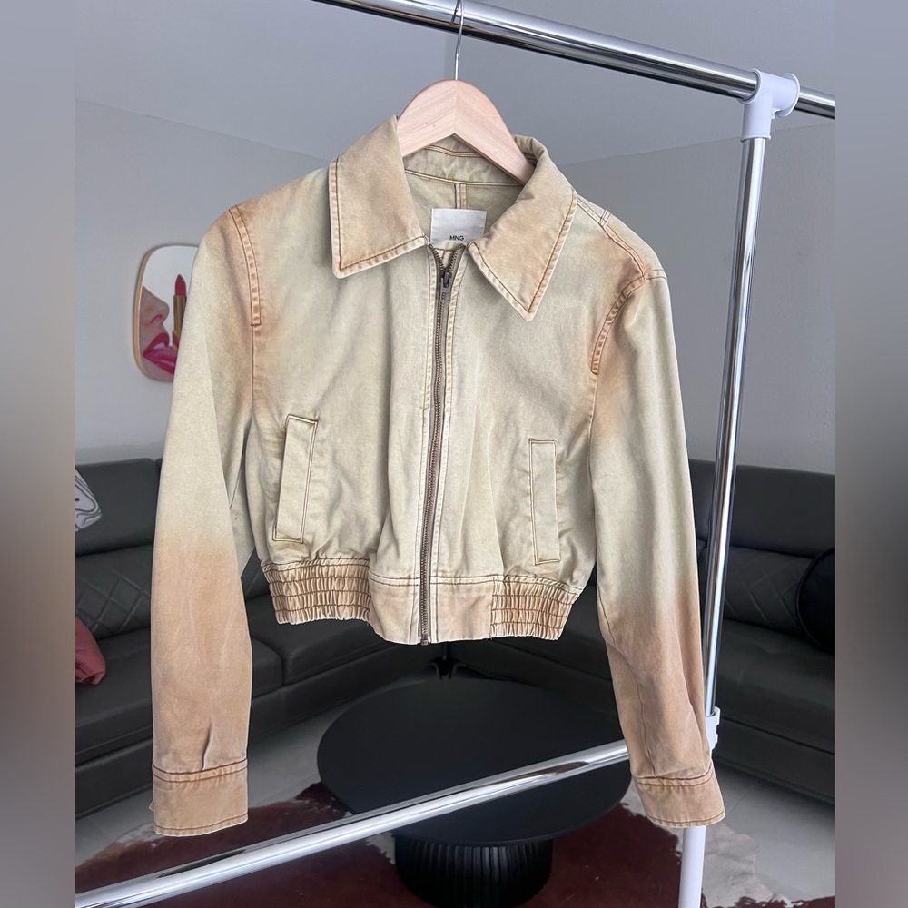 Mango washed beige tan Bomber jacket Sz S - Picture 8 of 9
